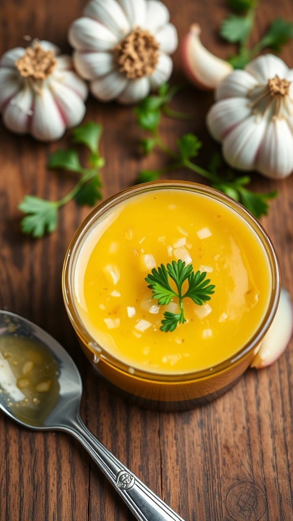Simple Butter Garlic Sauce Recipe A bowl of butter garlic sauce with garlic cloves and parsley on a wooden table.